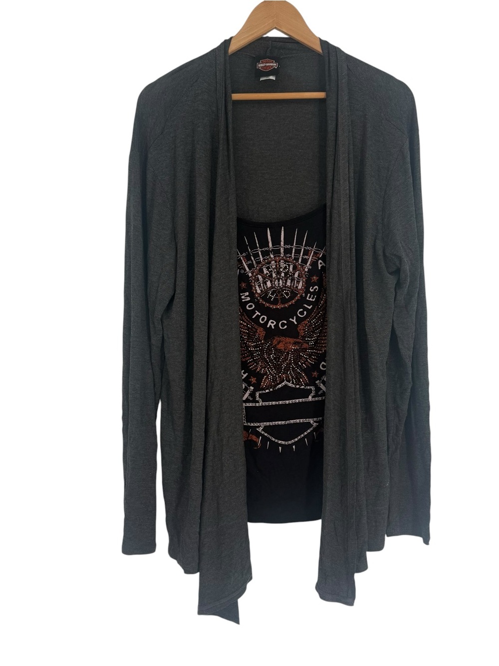 Harley Davidson Womens 2-in-1 Shirt Cardigan Black/Gray Embellished Sz L/XL USA